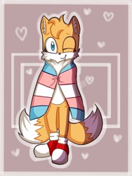 Size: 768x1024 | Tagged: safe, artist:thedanishhothog, miles "tails" prower, fox, 2020, abstract background, chest fluff, cute, ear fluff, eyelashes, hearts, looking at viewer, pride flag, solo, standing, tailabetes, trans pride, wink