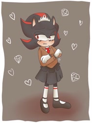 Size: 768x1024 | Tagged: safe, artist:thedanishhothog, shadow the hedgehog, hedgehog, 2020, abstract background, arms folded, blazer, blushing, clenched teeth, crossdressing, gloves, lidded eyes, looking offscreen, male, shoes, skirt, socks, solo, standing, tiara, tie