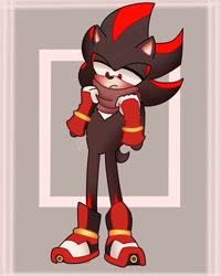 Size: 819x1024 | Tagged: safe, artist:thedanishhothog, shadow the hedgehog, hedgehog, 2020, abstract background, blushing, cute, frown, gloves, lidded eyes, looking at something, male, scarf, shadowbetes, shoes, solo, standing
