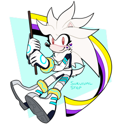 Size: 1280x1328 | Tagged: safe, artist:survivalstep, silver the hedgehog, hedgehog, bisexual pride, blushing, chest fluff, eyelashes, facepaint, holding something, looking at viewer, neck fluff, nonbinary, nonbinary pride, pride flag, red eyes, semi-transparent background, solo