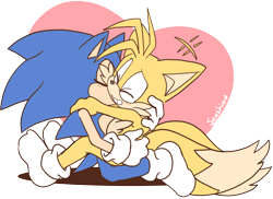Size: 2844x2074 | Tagged: safe, artist:senshion, miles "tails" prower, sonic the hedgehog, 2019, blushing, cute, duo, eyes closed, flat colors, gay, holding each other, kiss on cheek, male, males only, semi-transparent background, shipping, shoes off, sitting, smile, sonic x tails