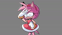 Size: 2000x1118 | Tagged: safe, artist:kaiiteaa, amy rose, biting lip, grey background, hand on own head, shaking, simple background, solo, worried