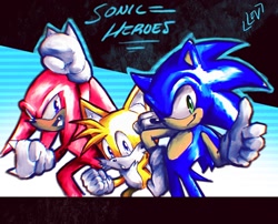 Size: 1312x1060 | Tagged: safe, artist:01lev04, knuckles the echidna, miles "tails" prower, sonic the hedgehog, sonic heroes, abstract background, male, males only, team sonic, trio