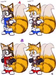 Size: 1536x2048 | Tagged: safe, artist:theroomacattack, miles "tails" prower, 2022, belt, character name, child, color comparison, colored ears, ear fluff, english text, goggles, looking offscreen, pilot hat, redesign, scarf, signature, simple background, smile, solo, standing, striped tail, white background