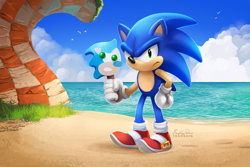Size: 1200x800 | Tagged: safe, artist:tsaoshin, sonic the hedgehog, sonic the ice cream, beach, clouds, daytime, ice cream, solo, tags, tapping foot