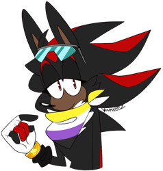 Size: 691x726 | Tagged: safe, artist:chaosblasts, shadow the hedgehog, bandana, fingerless gloves, lidded eyes, looking at viewer, nonbinary, nonbinary pride, signature, simple background, solo, sunglasses, transparent background