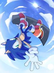 Size: 2048x2732 | Tagged: safe, artist:cynicallysly, sonic the hedgehog, city escape, sonic adventure 2, cloud, daytime, gloves, grin, helicopter, looking at viewer, outdoors, shoes, smile, soap shoes, solo
