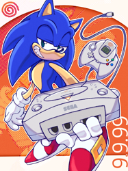 Size: 2048x2732 | Tagged: safe, artist:cynicallysly, sonic the hedgehog, dreamcast, dreamcast logo, gloves, grin, holding something, lidded eyes, sega logo, shoes, smile, solo, standing, video game console