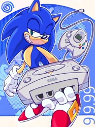Size: 764x1019 | Tagged: safe, artist:cynicallysly, sonic the hedgehog, dreamcast, dreamcast logo, gloves, grin, holding something, lidded eyes, sega logo, shoes, smile, solo, standing, video game console