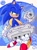 Size: 764x1019 | Tagged: safe, artist:cynicallysly, sonic the hedgehog, abstract background, dreamcast, dreamcast logo, gloves, grin, holding something, lidded eyes, looking at viewer, outline, reaching towards the viewer, sega logo, shoes, smile, smiling at viewer, solo, standing, video game console, white outline