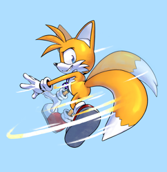 Size: 2271x2348 | Tagged: safe, artist:cynicallysly, miles "tails" prower, sonic adventure, blue background, gloves, grin, looking at viewer, rhythm badge, shoes, simple background, smile, solo