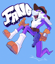 Size: 1914x2225 | Tagged: safe, artist:cynicallysly, nack the weasel, belt, blue background, boots, eyes closed, gloves, gun, hat, holding something, mouth open, simple background, smile, solo, tail stand, text