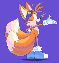 Size: 1831x1965 | Tagged: safe, artist:cynicallysly, miles "tails" prower, blue shoes, goggles, looking back, open mouth, purple background, redesign, simple background, smile, solo, standing