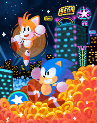 Size: 718x900 | Tagged: safe, artist:krakenfinsoup, miles "tails" prower, sonic the hedgehog, casino night zone, sonic the hedgehog 2, bumper, cityscape, classic, classic sonic, classic tails, duo, flying, gloves, grin, nighttime, open mouth, outdoors, ring, shoes, smile, sparkles, spinning tails