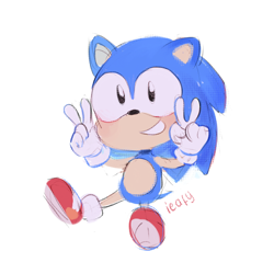 Size: 540x540 | Tagged: safe, artist:ieafy, sonic the hedgehog, double v sign, looking at viewer, simple background, sitting, smile, solo, v sign, white background