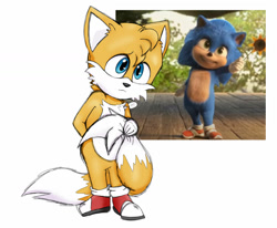 Size: 1280x1054 | Tagged: safe, artist:fernthefox-47, miles "tails" prower, sonic the hedgehog, sonic the hedgehog (2020), aged down, arm behind back, cute, frown, holding something, looking offscreen, simple background, solo, sunflower, tailabetes, white background