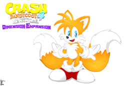 Size: 1178x810 | Tagged: safe, artist:sowells, miles "tails" prower, crash bandicoot 4: it's about time, ear fluff, expansion pack, looking at viewer, open mouth, signature, simple background, solo, white background