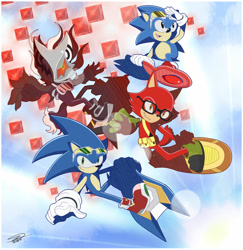 Size: 1024x1055 | Tagged: safe, artist:shinyredian, gadget the wolf, infinite the jackal, sonic the hedgehog, sonic forces, classic sonic, clouds, cubes, extreme gear, flying, glasses, infinite's mask, riders style, sonic riders, sunglasses