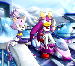 Size: 1344x1180 | Tagged: safe, artist:biko97, blaze the cat, wave the swallow, sonic riders: zero gravity, aquatic capital, duo, extreme gear, hand on head, hand on hip, looking at each other, open mouth, signature