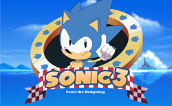 Size: 2263x1390 | Tagged: safe, artist:potterzilla, sonic the hedgehog, classic, classic sonic, island, looking at viewer, mania style, ocean, pointing, redraw, smile, solo, sonic the hedgehog 3, title screen