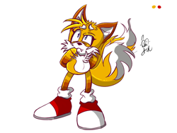 Size: 800x600 | Tagged: safe, artist:funstertime, miles "tails" prower, arm behind back, colored ears, fangs, looking offscreen, redesign, signature, simple background, solo, white background