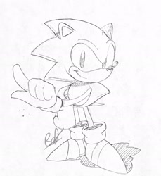 Size: 1738x1901 | Tagged: safe, artist:bendedede, sonic the hedgehog, classic, classic sonic, looking at viewer, pencilwork, pointing, simple background, smile, solo, white background