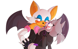 Size: 1024x642 | Tagged: safe, artist:milk-green-tea, rouge the bat, oc, blushing, canon x oc, duo, eyeshadow, holding hands, lesbian, lidded eyes, looking at each other, ponytail, rouge's heart top, shipping, signature, simple background, smile, transparent background, unnamed oc