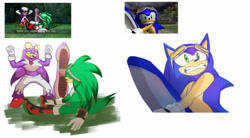 Size: 1024x565 | Tagged: safe, artist:milk-green-tea, jet the hawk, sonic the hedgehog, wave the swallow, extreme gear, faic, goggles, green cave, posing, redraw, reference inset, simple background, sonic riders, sunglasses, trio, white background