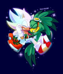 Size: 1120x1315 | Tagged: dead source, safe, artist:survivalstep, jet the hawk, sonic the hedgehog, blue background, blushing, duo, eyes closed, gay, goggles, holding them, hugging, hyper form, hyper sonic, shipping, simple background, smile, sonjet, sparkles