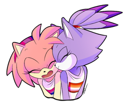 Size: 550x468 | Tagged: safe, artist:nannelflannel, amy rose, blaze the cat, amy x blaze, amybetes, bisexual pride, blazebetes, blushing, cute, duo, eyes closed, headband, lesbian, lesbian pride, mouth open, pride, shipping, shirt, simple background, transparent background