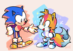 Size: 848x600 | Tagged: safe, artist:artisyone, miles "tails" prower, sonic the hedgehog, fox, hedgehog, abstract background, alternate outfit, blue shoes, classic style, clenched fists, duo, happy, looking at each other, mouth open, signature, smile, sparkles, standing, yellow shoes