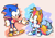 Size: 848x600 | Tagged: safe, artist:artisyone, miles "tails" prower, sonic the hedgehog, fox, hedgehog, abstract background, alternate outfit, blue shoes, classic style, clenched fists, duo, happy, looking at each other, mouth open, signature, smile, sparkles, standing, yellow shoes