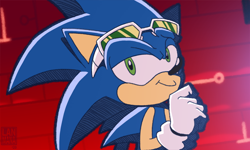 Size: 1100x659 | Tagged: safe, artist:lanmana, sonic the hedgehog, sonic mania adventures, lidded eyes, looking back, meme, redraw, riders style, solo, sunglasses