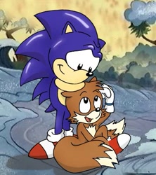 Size: 499x563 | Tagged: safe, artist:zoomswish, miles "tails" prower, sonic the hedgehog, adventures of sonic the hedgehog, arm-rest, duo, holding hands, looking at each other, tree