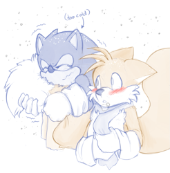 Size: 923x938 | Tagged: safe, artist:farraigeart, miles "tails" prower, sonic the hedgehog, blushing, cold, duo, eyes closed, gay, holding something, holding tail, looking at them, scarf, shipping, shivering, simple background, snow, sonic x tails, white background, winter