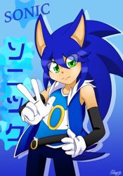 Size: 900x1284 | Tagged: safe, artist:animesonic2, sonic the hedgehog, human, abstract background, belt, gloves, hand on hip, hedgehog ears, hedgehog tail, humanized, jacket, japanese text, looking at viewer, ring, signature, solo, v sign