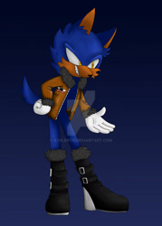 Size: 1280x1792 | Tagged: safe, artist:ayelenth, falke wulf, aviator jacket, boots, buckle, clenched teeth, evil, gradient background, hand on hip, looking offscreen, redesign, solo, sonic title screen banner, tails skypatrol, watermark