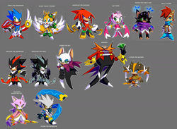 Size: 1600x1172 | Tagged: safe, artist:drawloverlala, amy rose, blaze the cat, knuckles the echidna, mephiles the dark, miles "tails" prower, nicole the hololynx, robotnik, rouge the bat, sally acorn, shadow the hedgehog, silver the hedgehog, sonic the hedgehog, sticks the badger, au:sonic skyline, alternate universe, everyone is here, grey background, group, redesign, simple background