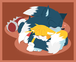 Size: 1000x824 | Tagged: safe, artist:resuku, miles "tails" prower, blushing, brown background, cute, duo, heart, holding them, no outlines, sleeping, snuggling, sonic x tails, tailabetes, werehog