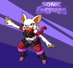 Size: 1588x1470 | Tagged: safe, artist:tmntsam, rouge the bat, abstract background, belt, boots, chipped ear, crop jacket, frown, looking up, redesign, scarf, shorts, signature, solo, sonic boom (tv)