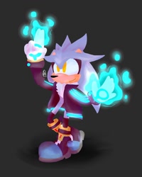 Size: 1080x1350 | Tagged: safe, artist:0artbyme0, silver the hedgehog, black background, boots, jacket, no outlines, psychokinesis, redesign, signature, simple background, smile, solo