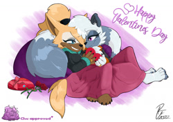 Size: 1280x905 | Tagged: safe, artist:murrrawr, tangle the lemur, whisper the wolf, lemur, wolf, females only, kiss, lesbian, looking at each other, shipping, tail hug, tangle x whisper, valentine's day