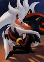 Size: 1240x1753 | Tagged: suggestive, artist:beadichnoa, shadow the hedgehog, silver the hedgehog, hedgehog, duo, eyes closed, gay, gloves off, holding each other, kiss, kiss on cheek, lidded eyes, shadow x silver, shipping, shoes off, sitting