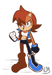 Size: 1200x1700 | Tagged: safe, artist:mobiuslite, sally acorn, chipmunk, boots, clenched fist, hair over one eye, looking at viewer, riders style, sally's vest and boots, signature, simple background, solo, sonic riders, white background