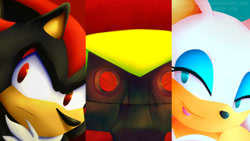 Size: 1024x576 | Tagged: safe, artist:3lettersback, e-123 omega, rouge the bat, shadow the hedgehog, frown, glowing eyes, lidded eyes, looking offscreen, neck fluff, no outlines, panels, robot, team dark, trio, wallpaper