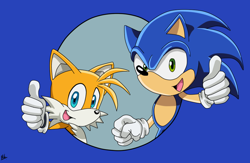Size: 1014x660 | Tagged: safe, artist:ildecabeza99, miles "tails" prower, sonic the hedgehog, fox, hedgehog, adventures of sonic the hedgehog, clenched fist, double thumbs up, duo, looking at viewer, mouth open, redraw, signature, sonic x style, thumbs up