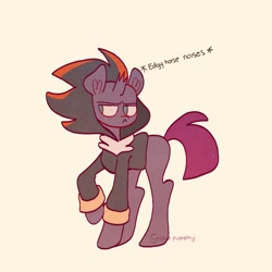 Size: 768x768 | Tagged: safe, artist:sockiepuppetry, shadow the hedgehog, cosplay, crossover, hoodie, pony, simple background, solo, tempest shadow, unicorn, yellow background