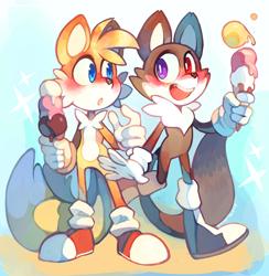 Size: 2052x2100 | Tagged: safe, artist:sony-shock, miles "tails" prower, oc, oc:odd the wolf, fox, wolf, blushing, boots, duo, heterochromia, ice cream, looking at each other, mouth open, neck fluff