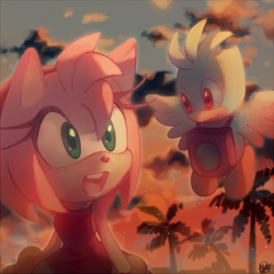 Size: 550x550 | Tagged: safe, artist:hanybe, amy rose, flicky, bird, hedgehog, sonic adventure, amy's halterneck dress, clouds, duo, hair over one eye, lily, looking at each other, mouth open, sunset, tree