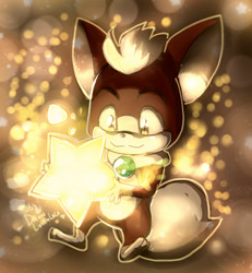 Size: 1024x1110 | Tagged: safe, artist:drawloverlala, chip, sonic unleashed, flying, holding something, neck fluff, outline, signature, smile, solo, star (sky), unknown species
